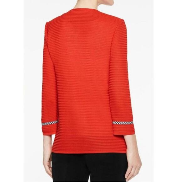 Ming Wang Poppy Red Gingham Trim Zip Front Long Sweater Jacket Womens S new nwt - Picture 9 of 16